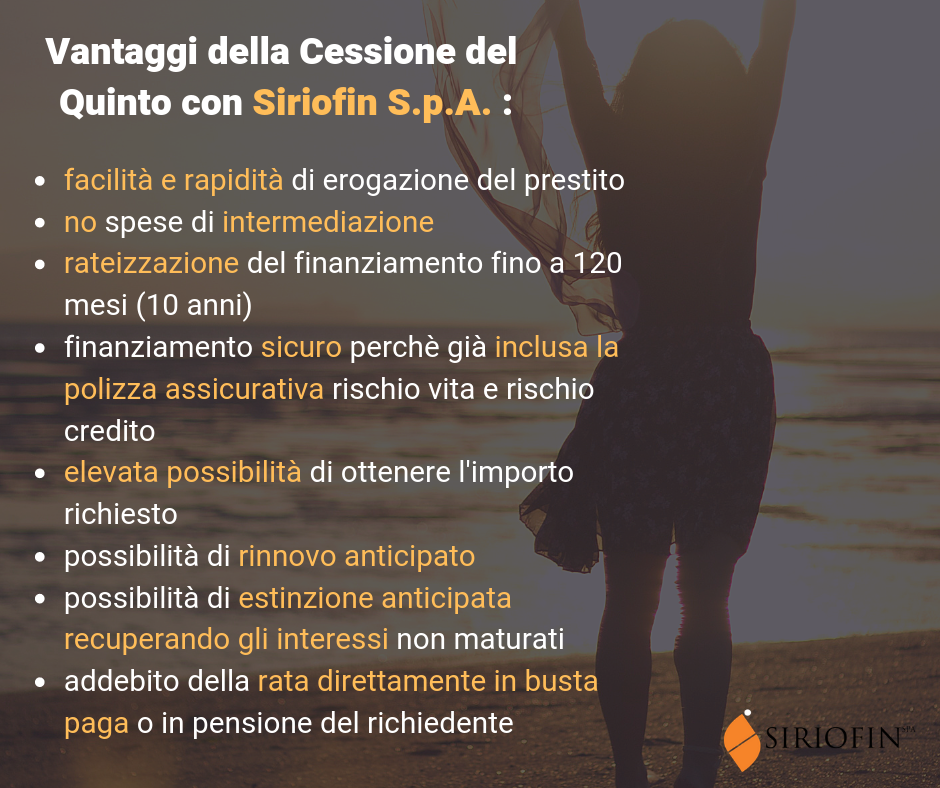 Cessione del Quinto Conviene. Questa foto che elenca i vantaggi per cui scegliere un finanziamento sotto forma di cessione del quinto dello stipendio erogato dalla Società Siriofin S.p.a iscritta al nuovo albo degli intermediari finanziari ex articolo 106 tenuto da Banca d'Italia