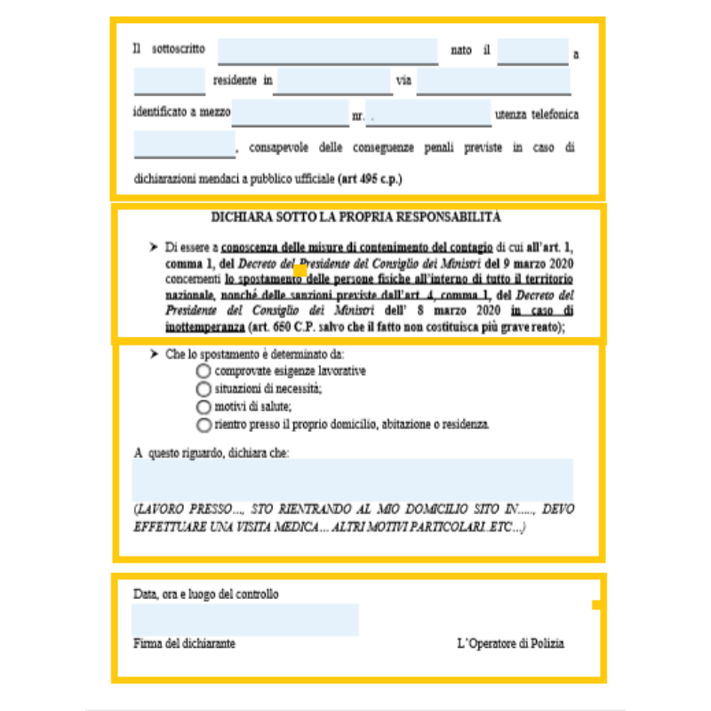 Autocertificazione per Viaggiare - Sezioni che lo compongono
